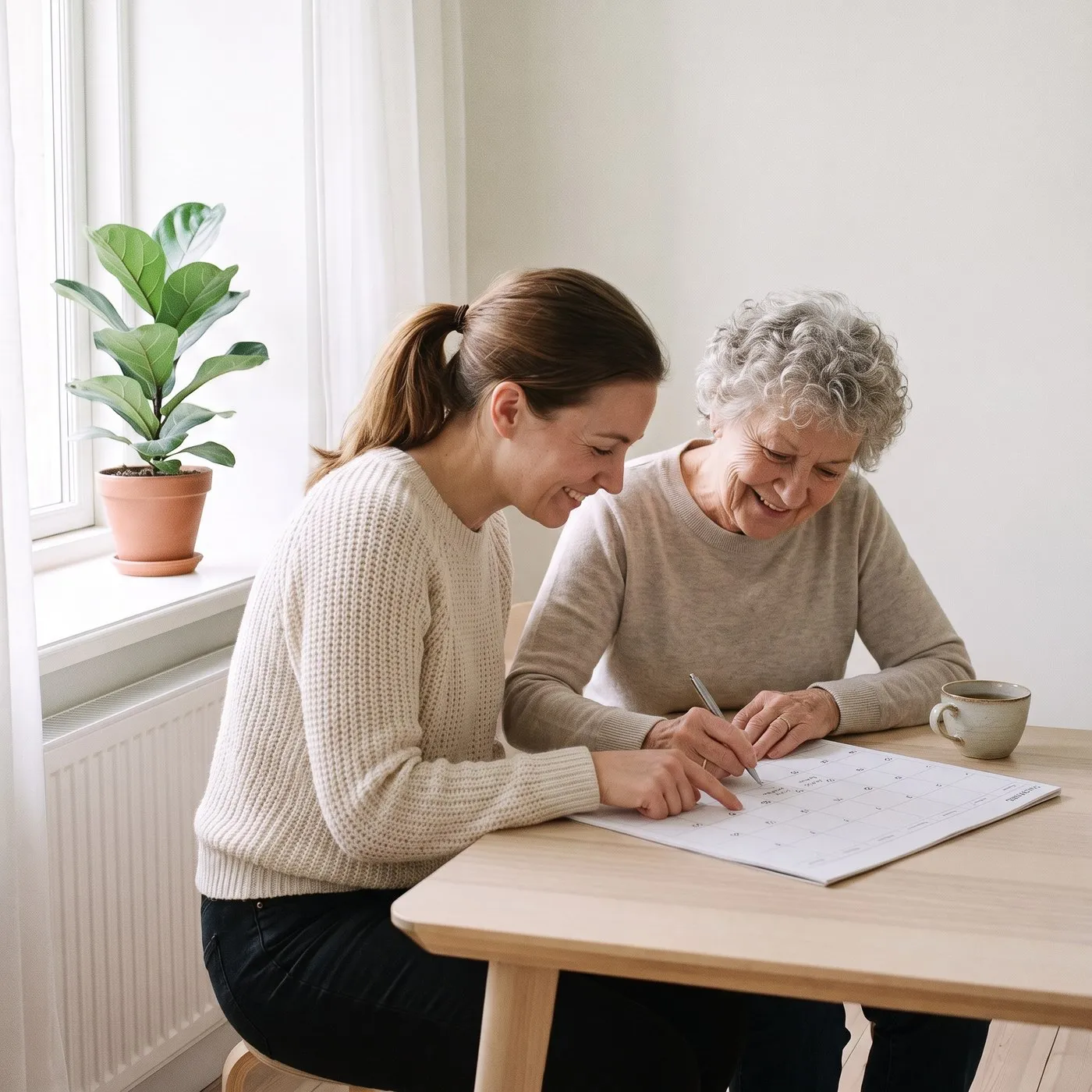 A helper and an older woman writing the next visit into a calendar