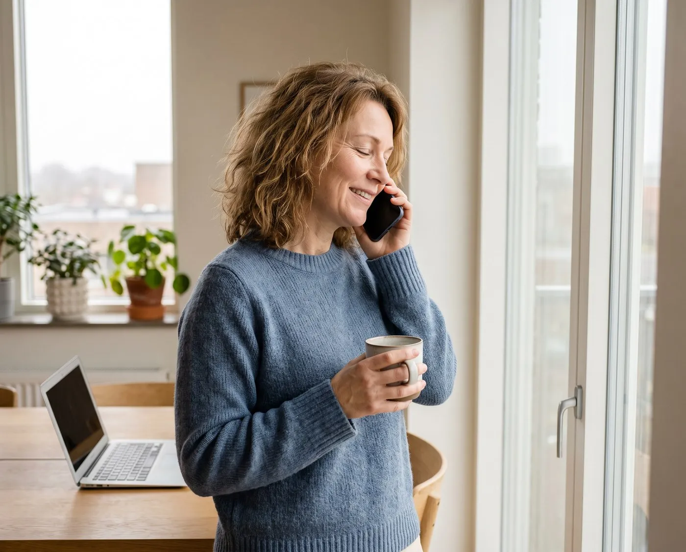 A woman by the window with a coffee mug talking on the phone