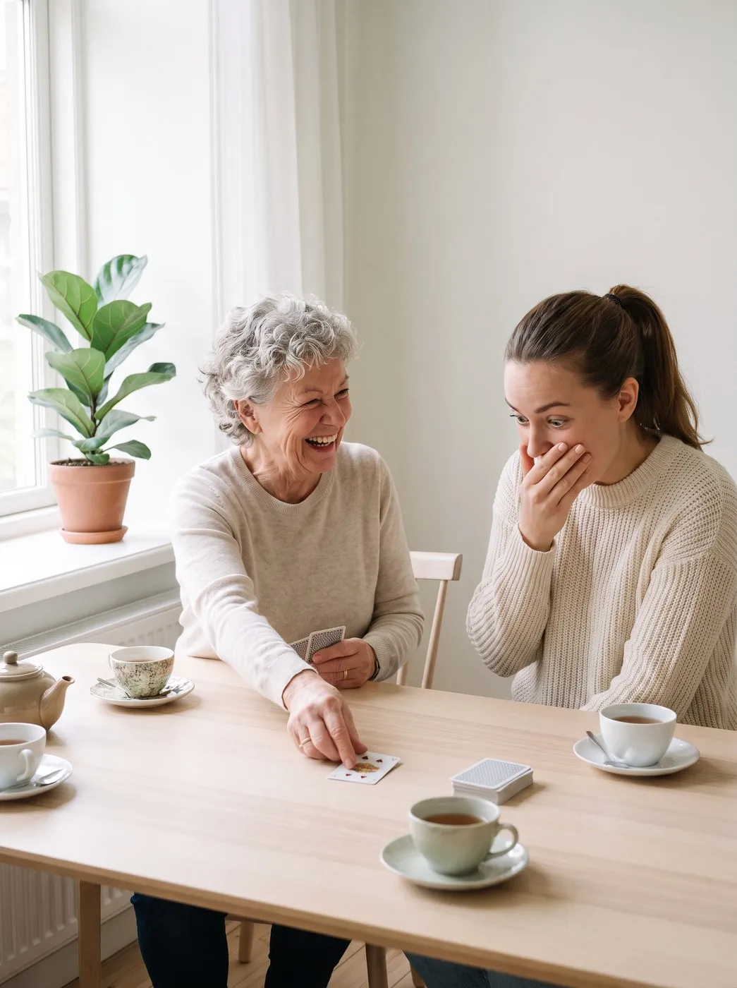 An older woman laughing as she beats her helper at cards
