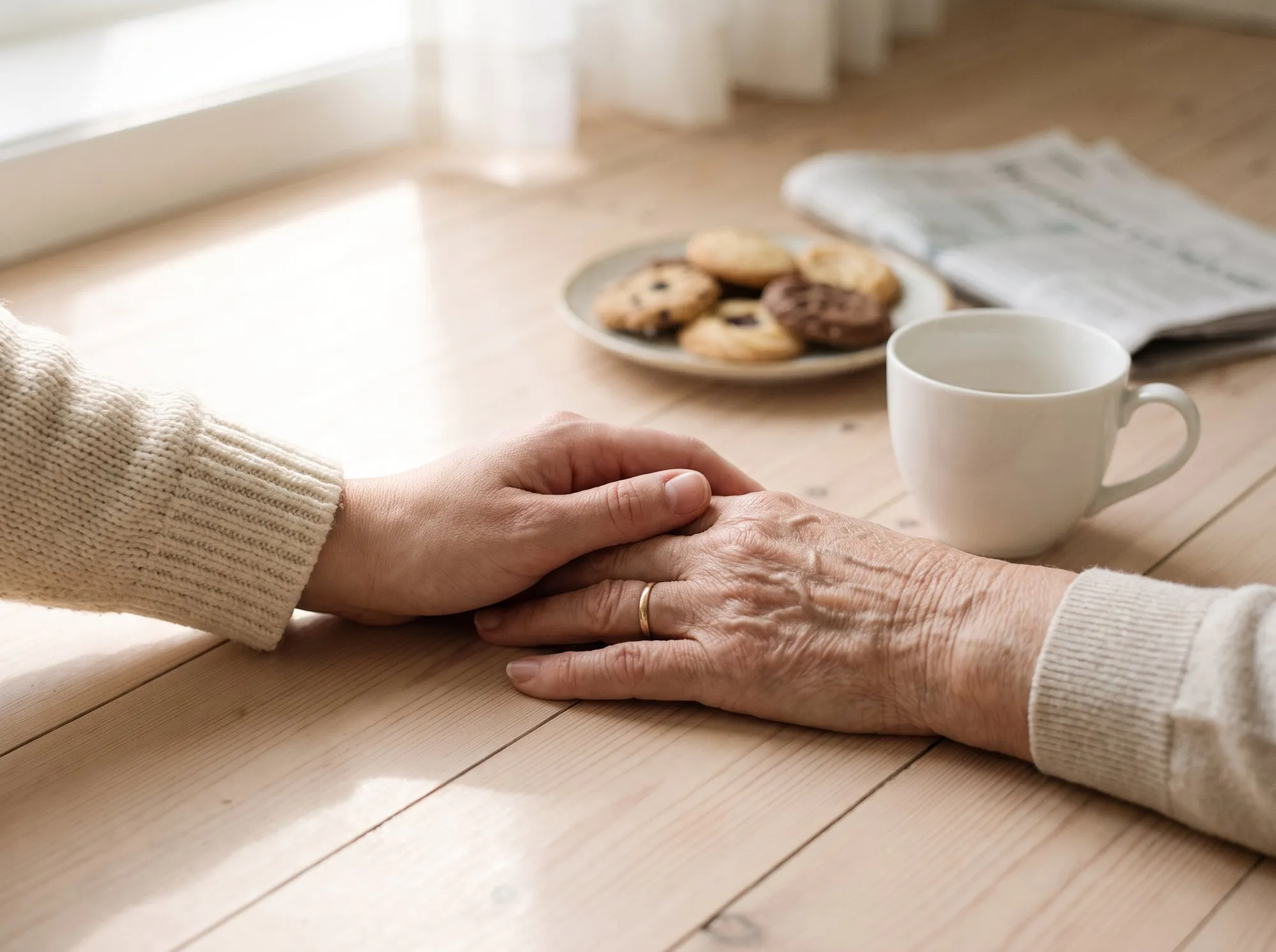 The hands of an older and a younger person on a table