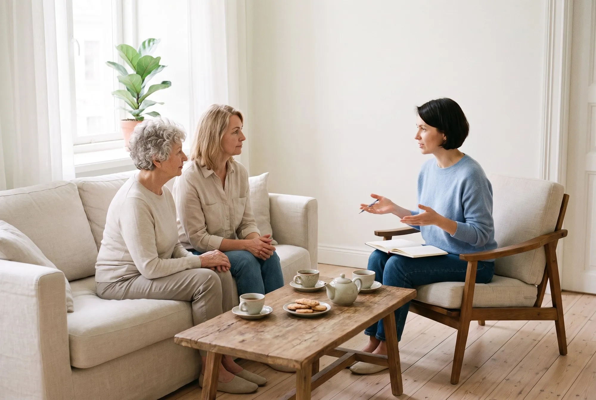A coordinator talking with an older woman and her daughter