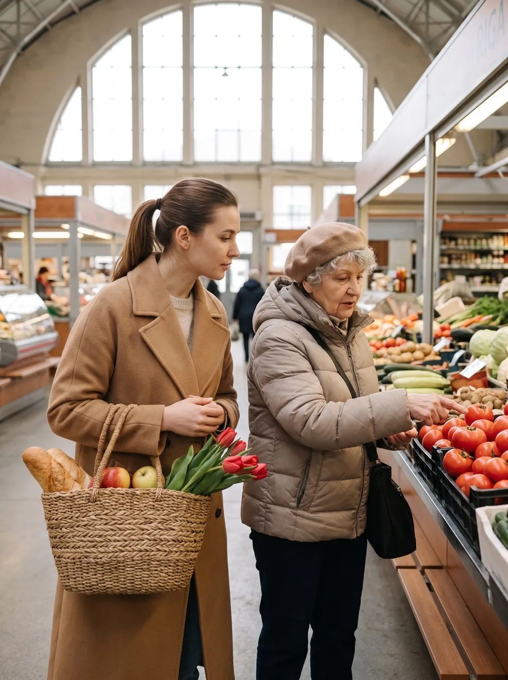 A helper with a basket accompanying an older woman at the Central Market