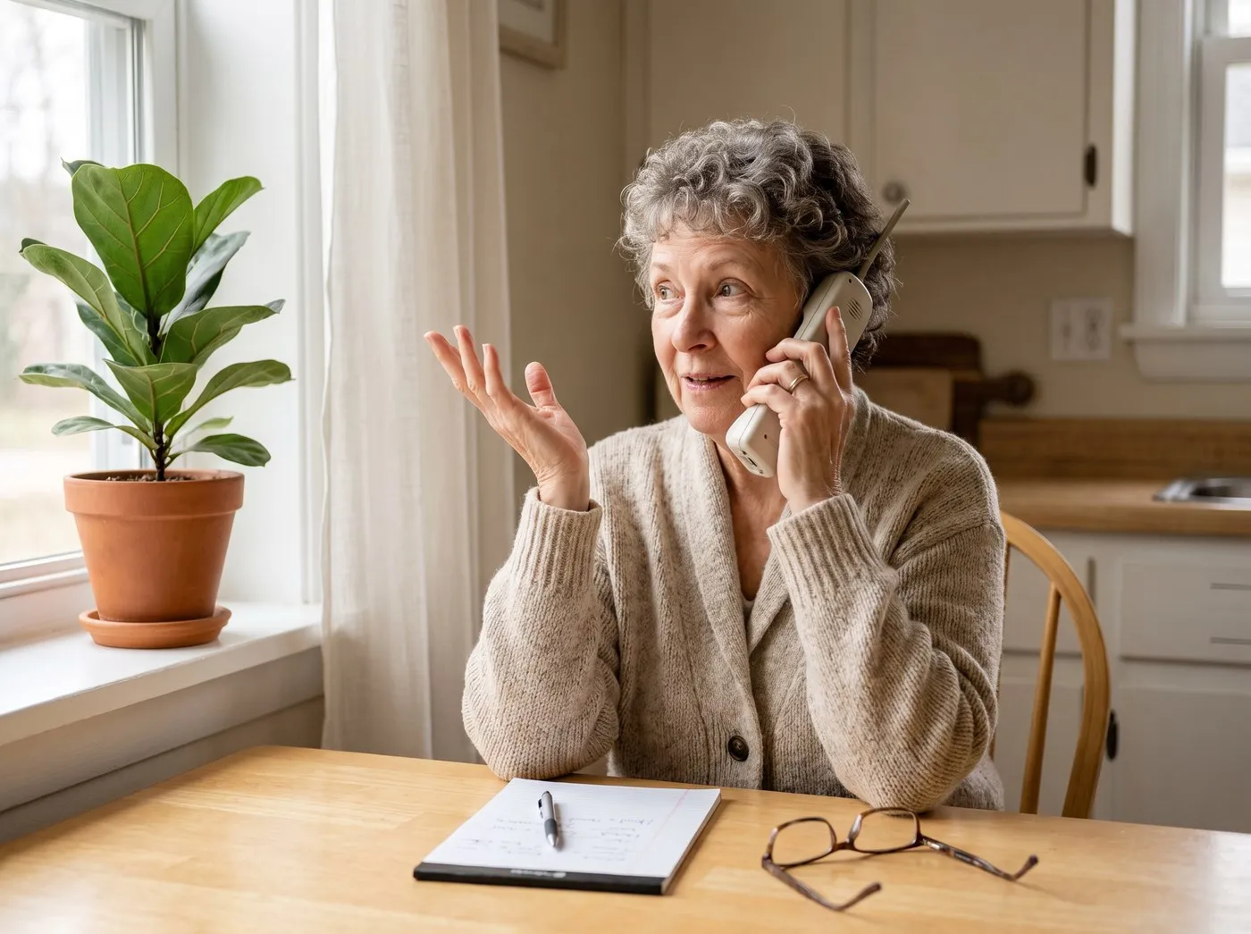 An older woman on the phone asking a question