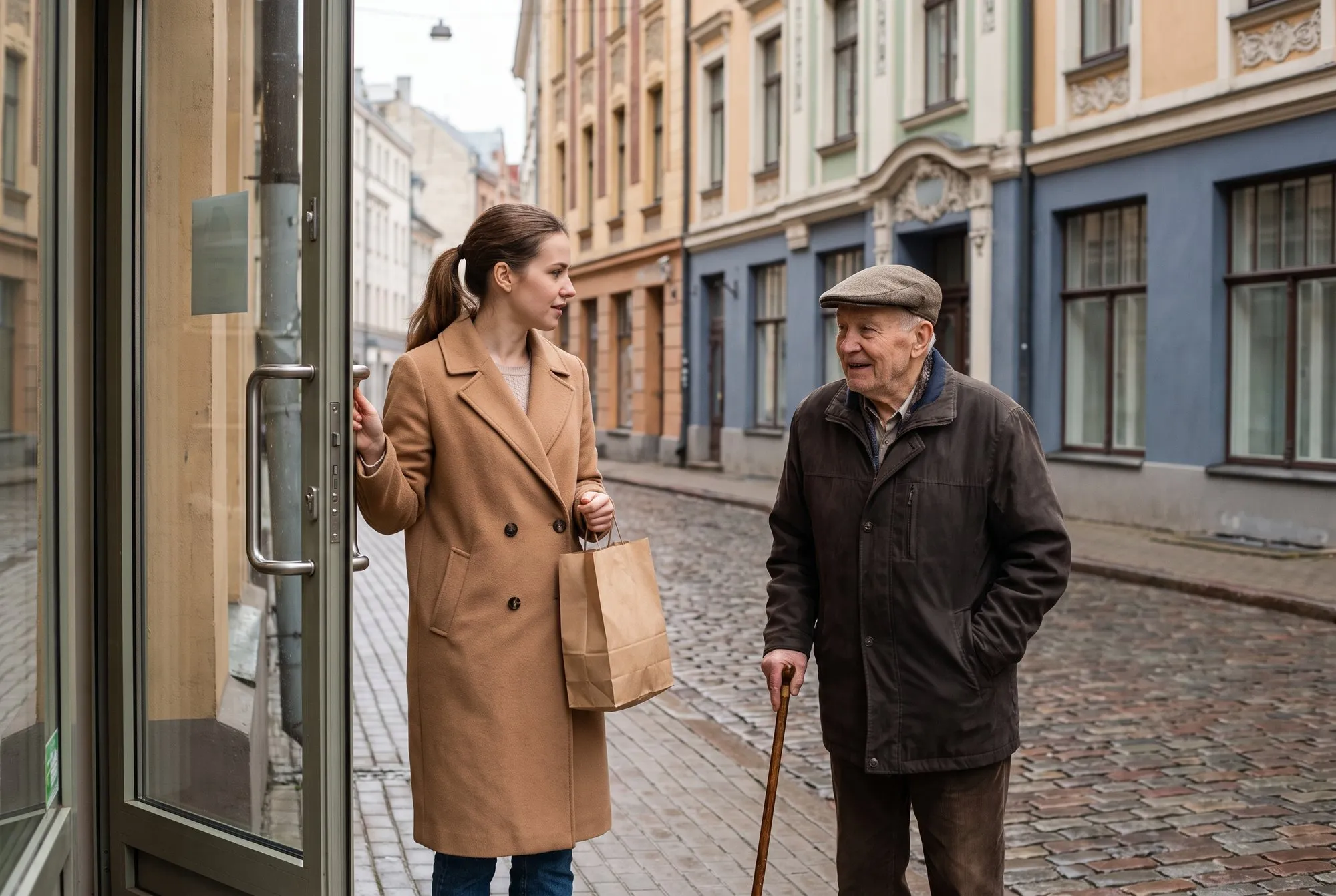 A helper leaving a pharmacy together with an older man