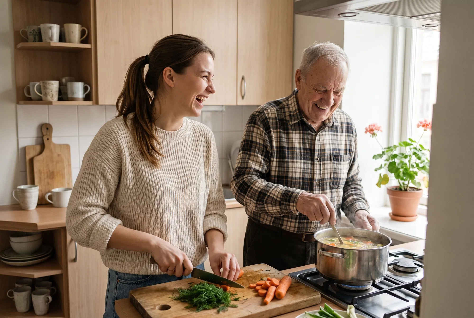 An older man and his helper cooking soup together in the kitchen