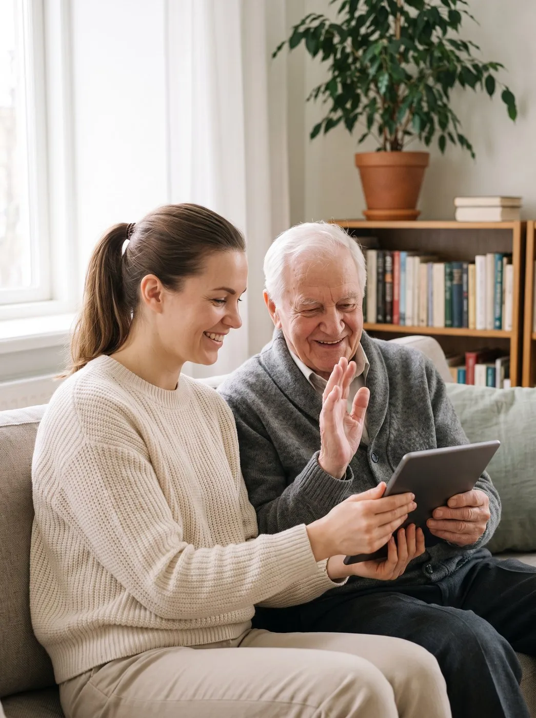 A helper helping an older man make a video call on a tablet