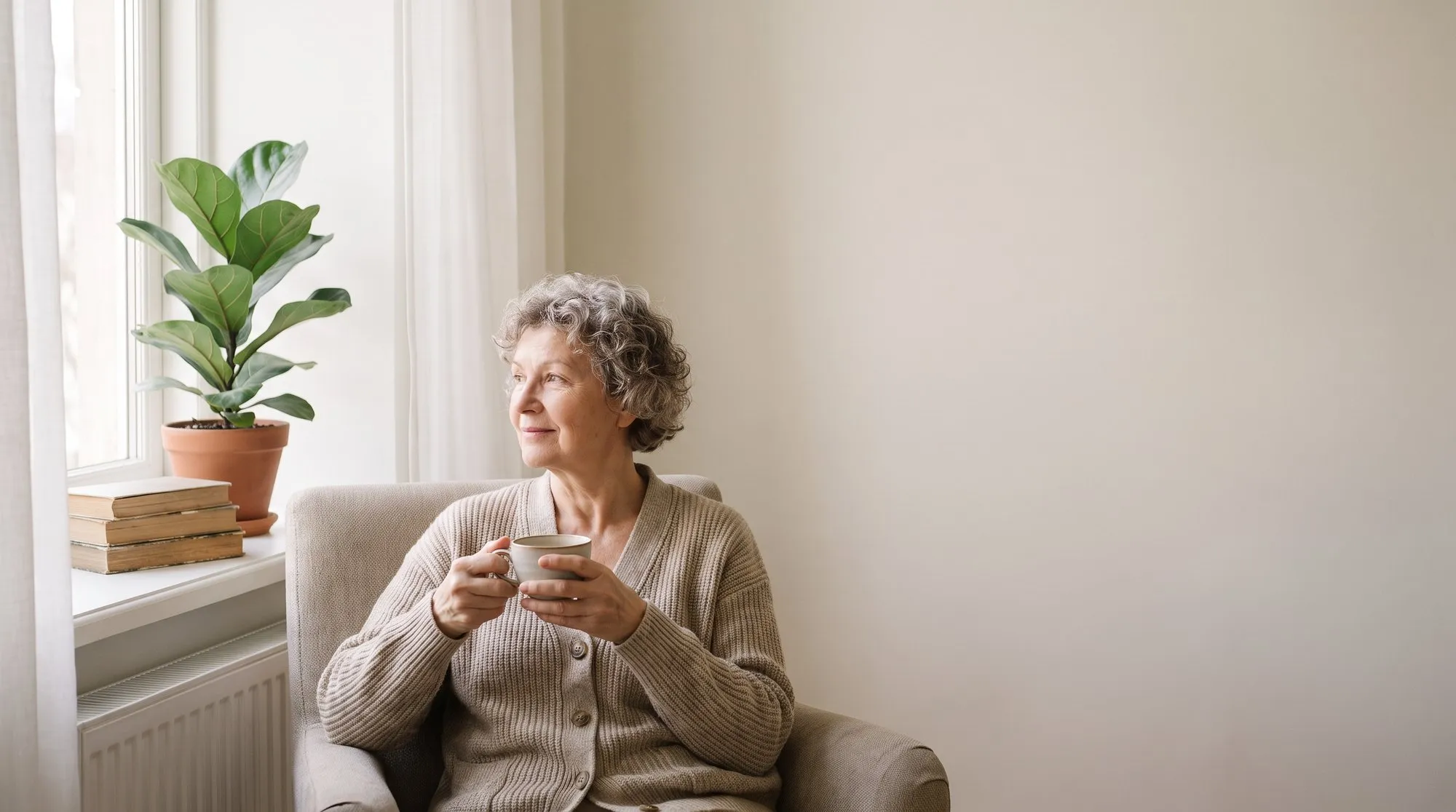 An older woman drinking tea by the window